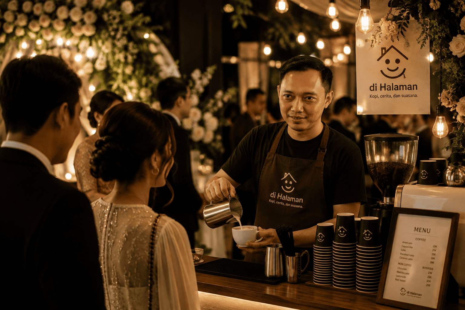 Barista Di Halaman sedang menyiapkan kopi untuk event.